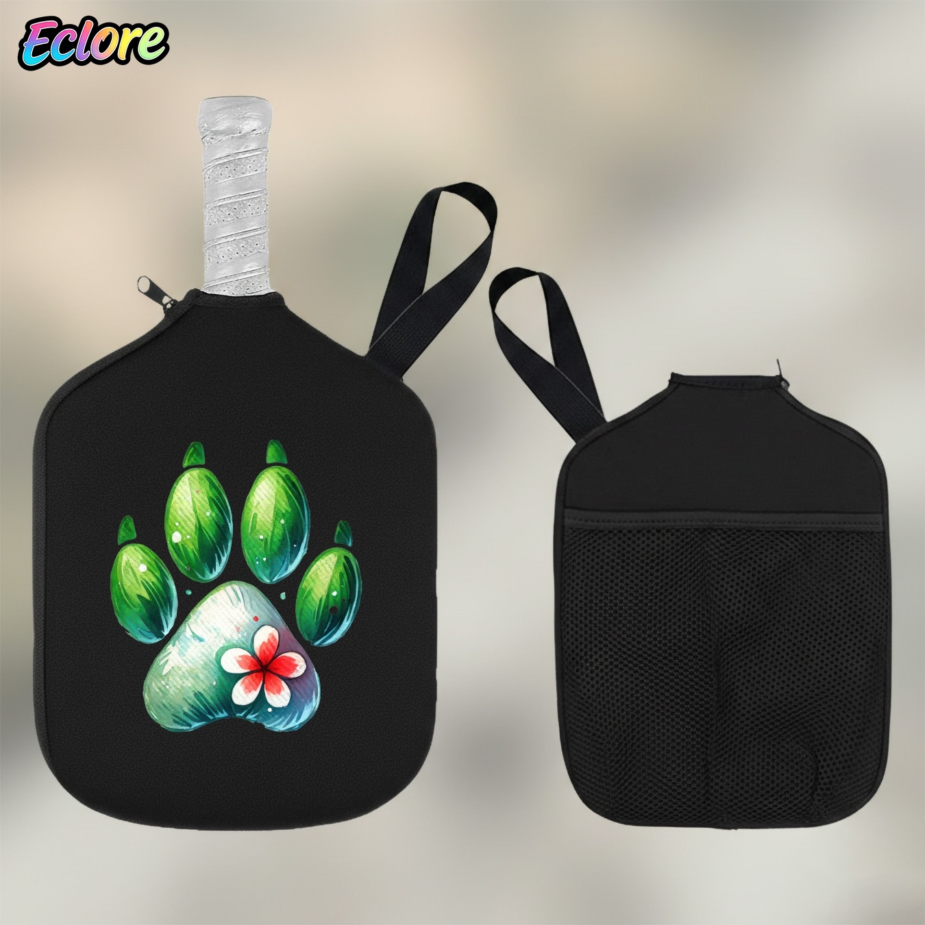Racket Cover Bag - Green Watercolor Paw Print Paddle Cover,